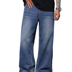 AVANOVA Men's Baggy Fit Jeans– Solid Washed Denim Straight Wide-Leg | Streetwear Casual Dailywear Pants for Men | Trendy Loose-Fit Mid-Waist Denim Trousers (Jeans 247)